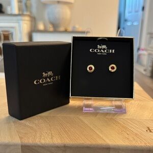 Coach Gold and Red Accent Earrings With Dust Bag & Box